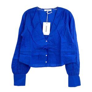 Frame Blue Empire Puff Sleeve V-Neck Blouse | Size S